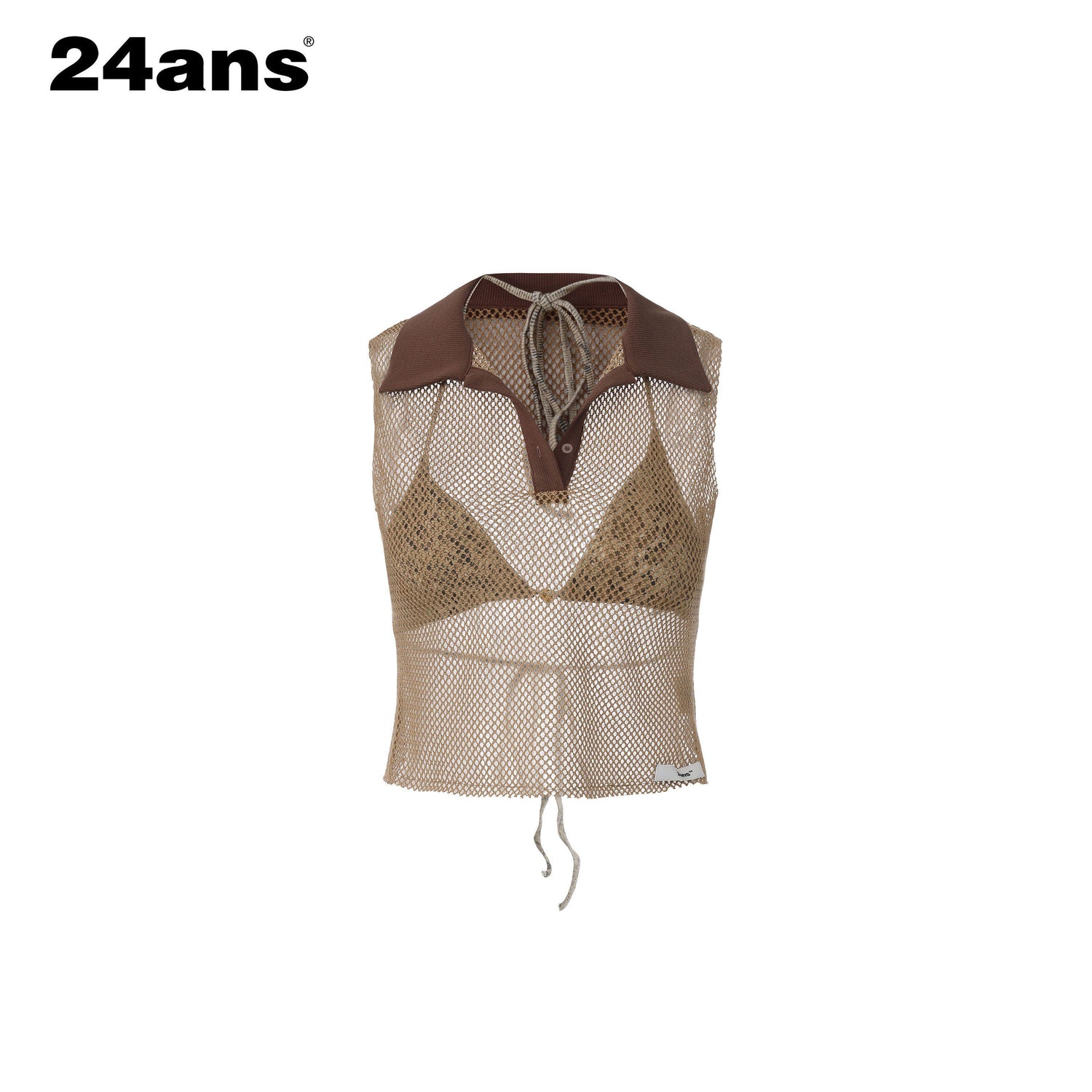24ans_Honeycomb_Mesh_Contrast_Ribbed_Polo_Collar_Women&