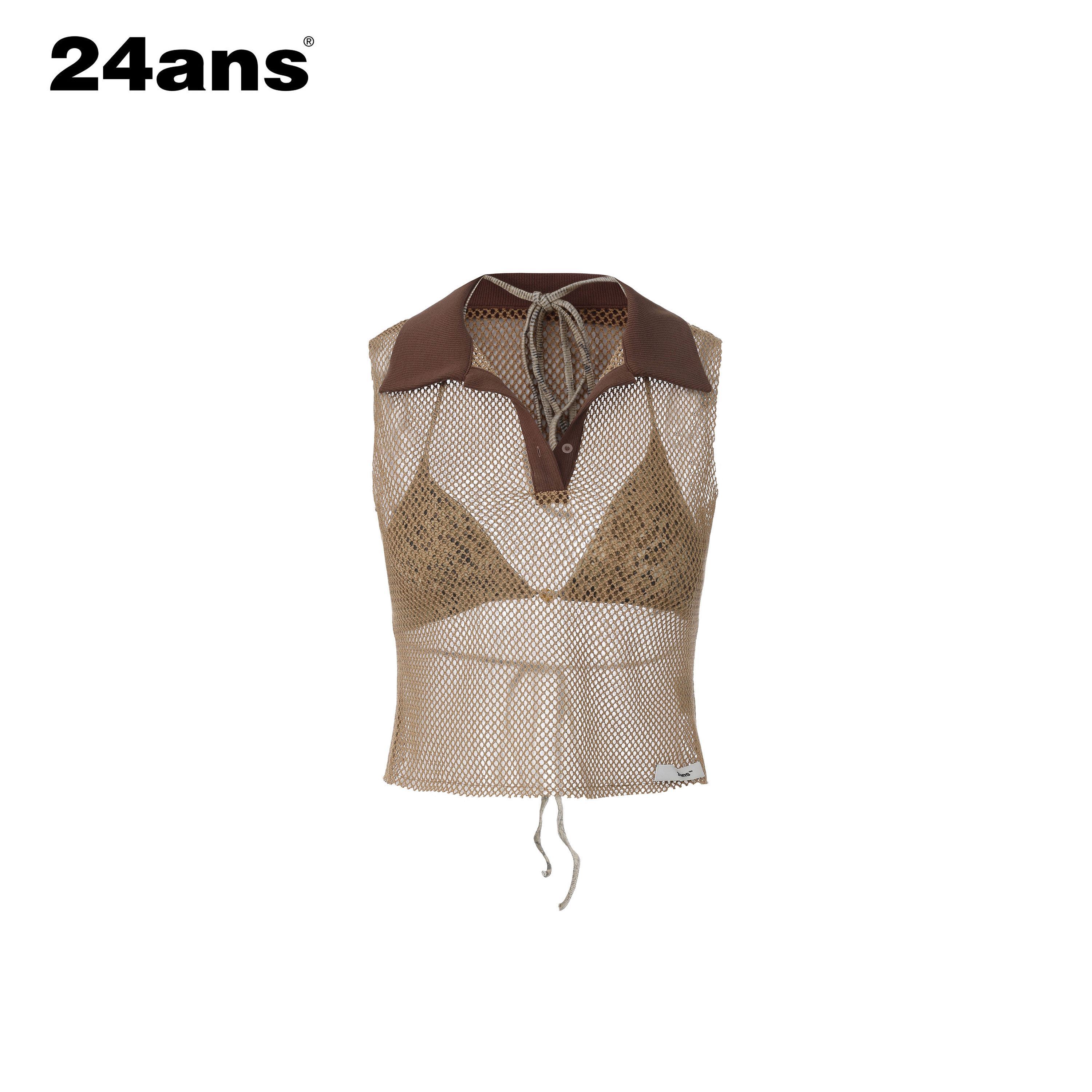 24ans_Honeycomb_Mesh_Contrast_Ribbed_Polo_Collar_Women&