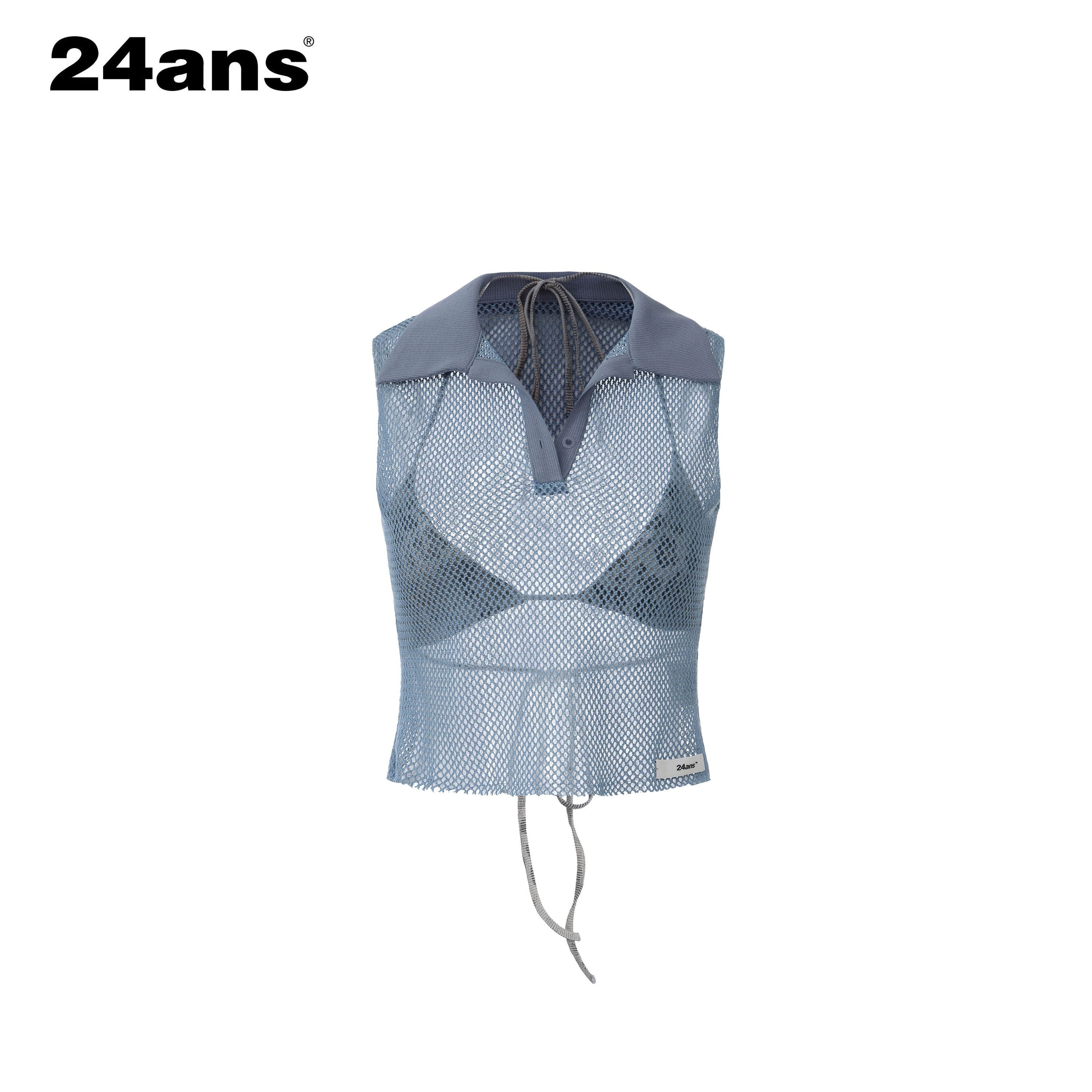 24ans_Honeycomb_Mesh_Contrast_Ribbed_Polo_Collar_Women&