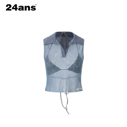 24ans_Honeycomb_Mesh_Contrast_Ribbed_Polo_Collar_Women&