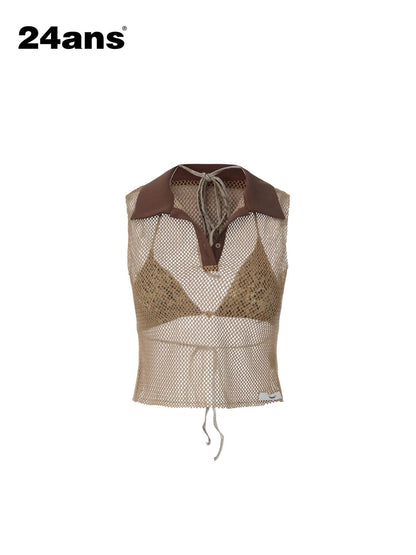 24ans Honeycomb Mesh Contrast Ribbed Polo Collar Women&