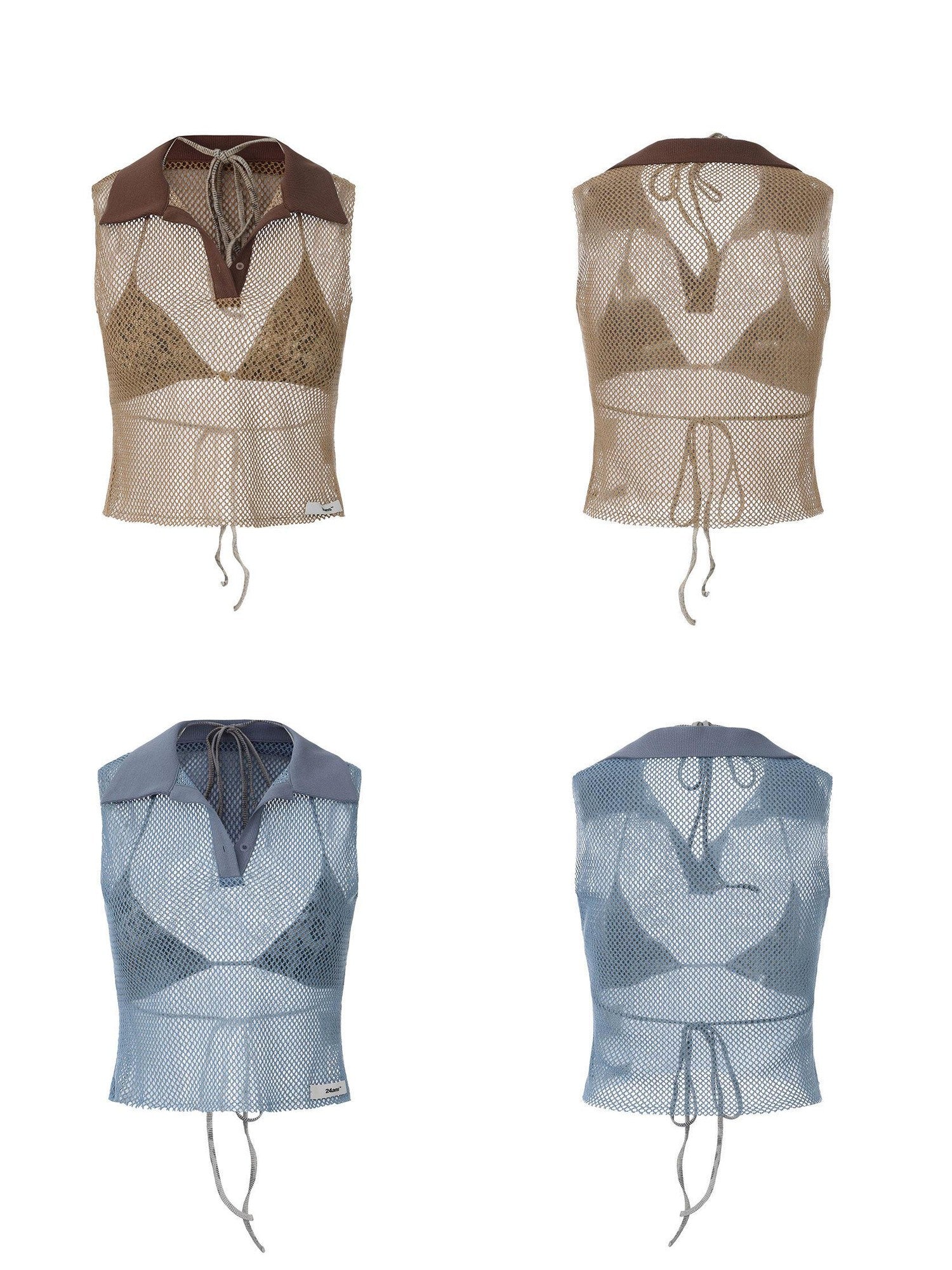 24ans Honeycomb Mesh Contrast Ribbed Polo Collar Women&