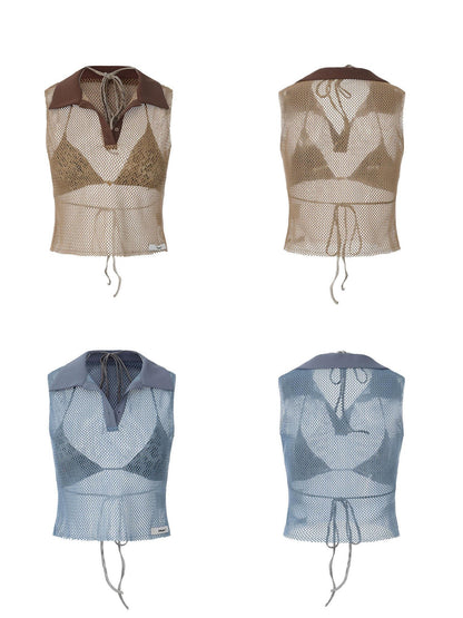 24ans Honeycomb Mesh Contrast Ribbed Polo Collar Women&