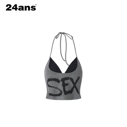 24ans_Ink_Splatter_Letter_Print_Faux_Layered_Halter_Tie_Women&