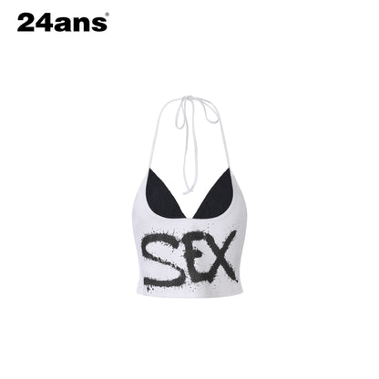 24ans_Ink_Splatter_Letter_Print_Faux_Layered_Halter_Tie_Women&