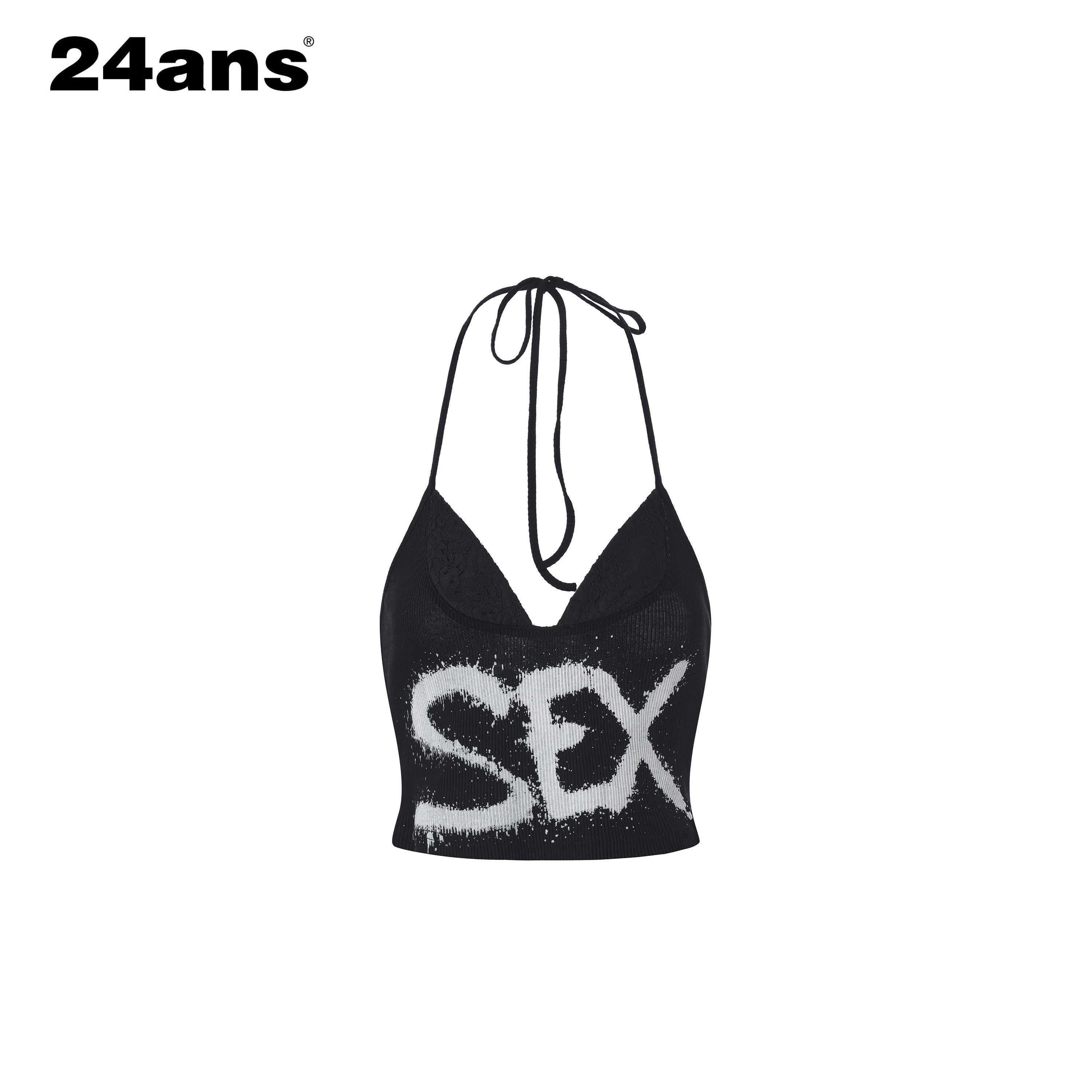 24ans_Ink_Splatter_Letter_Print_Faux_Layered_Halter_Tie_Women&