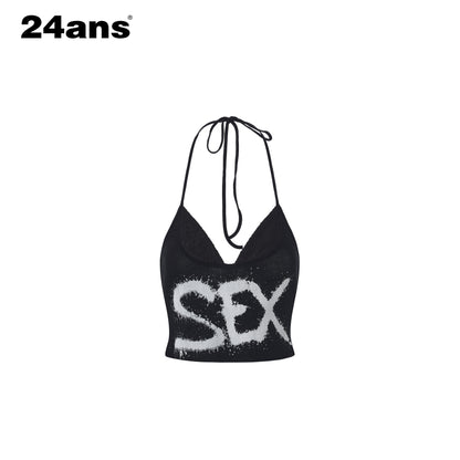 24ans_Ink_Splatter_Letter_Print_Faux_Layered_Halter_Tie_Women&