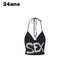 24ans Ink Splatter Letter Print Faux Layered Halter Tie Women&