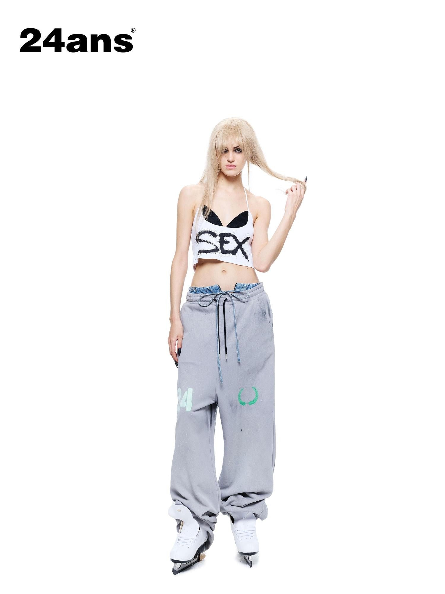 24ans Ink Splatter Letter Print Faux Layered Halter Tie Women&