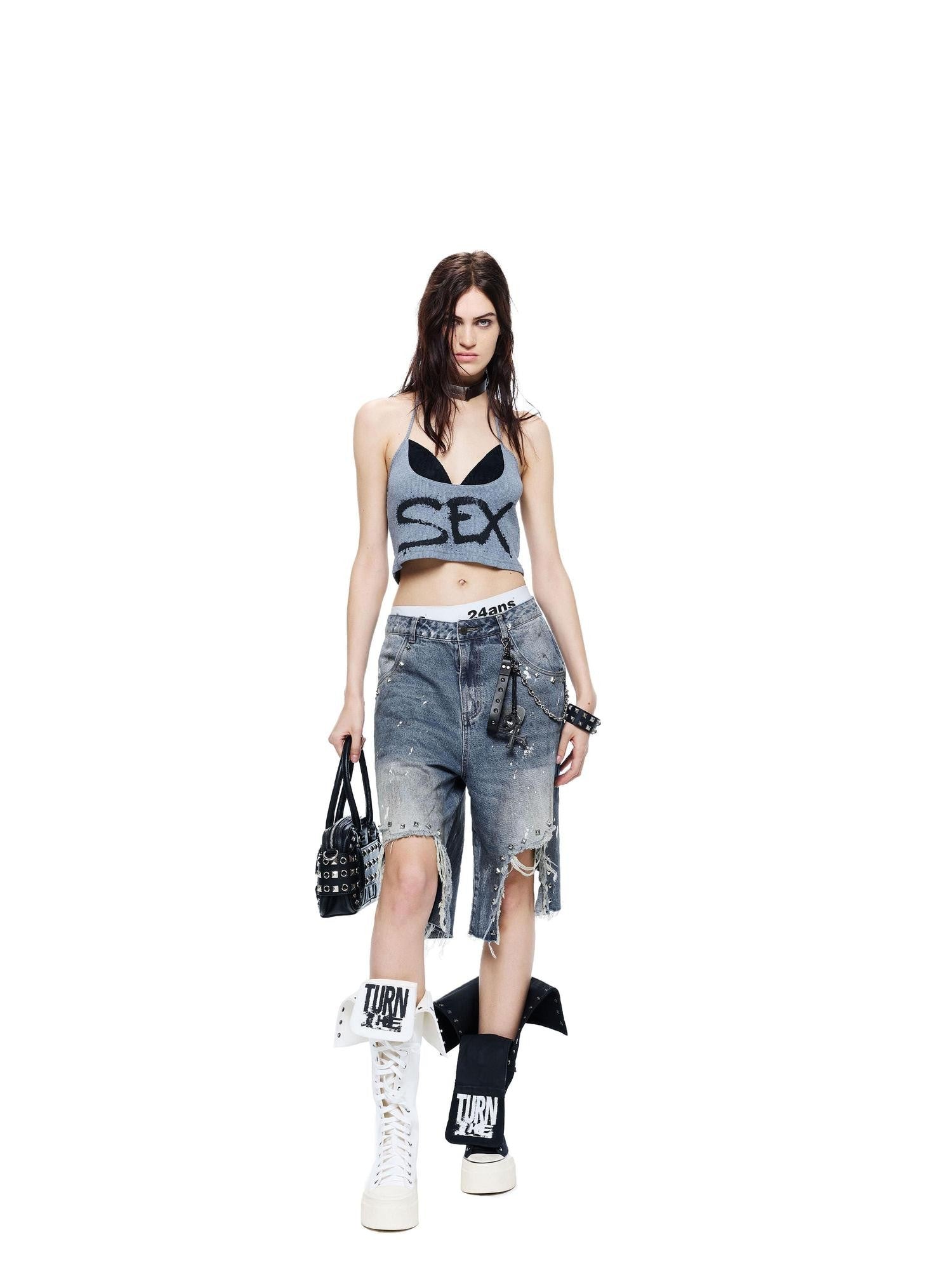 24ans Ink Splatter Letter Print Faux Layered Halter Tie Women&
