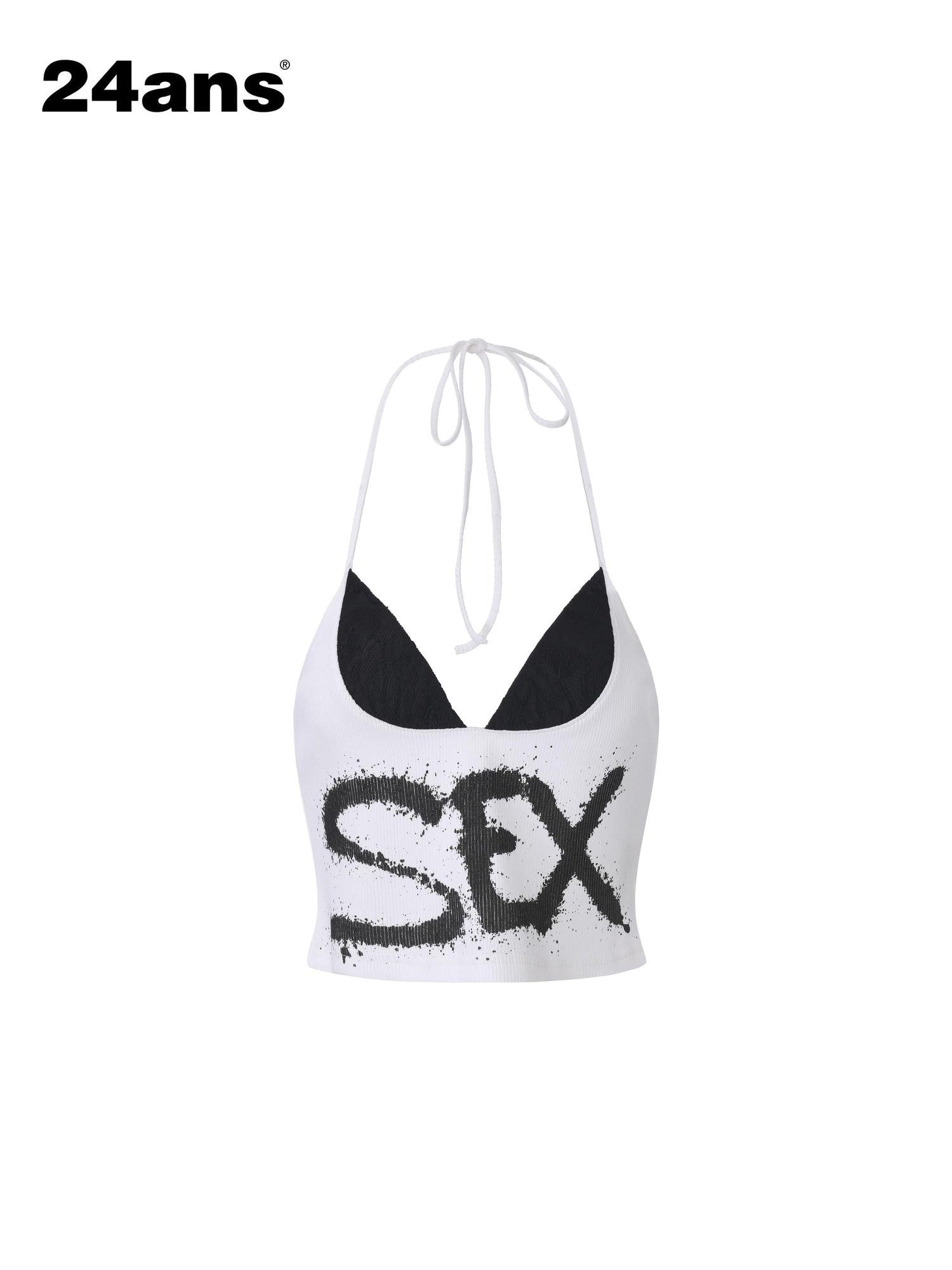 24ans Ink Splatter Letter Print Faux Layered Halter Tie Women&