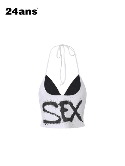 24ans Ink Splatter Letter Print Faux Layered Halter Tie Women&