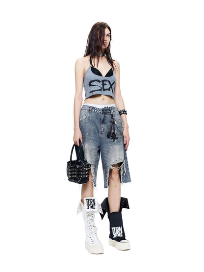 24ans Ink Splatter Letter Print Faux Layered Halter Tie Women&