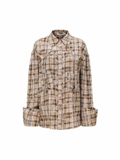 24ans_Khaki_Checkered_Punk_Loose_Lapel_Pocket_Long_Sleeve_Women&