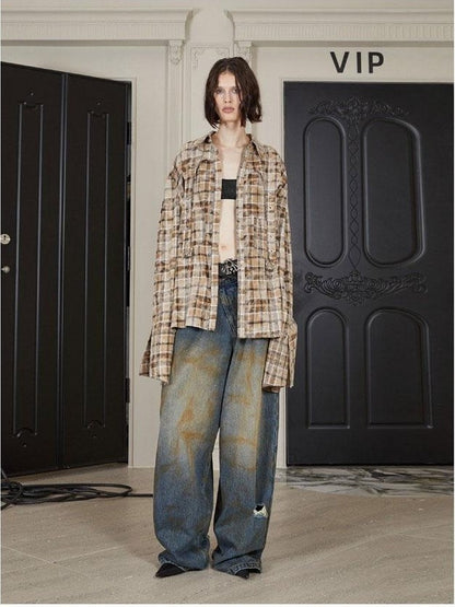 24ans Khaki Checkered Punk Loose Lapel Pocket Long Sleeve Women&