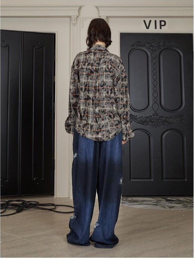 24ans Khaki Checkered Punk Loose Lapel Pocket Long Sleeve Women&