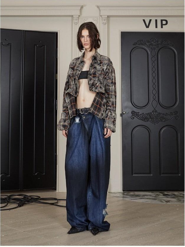 24ans Khaki Checkered Punk Loose Lapel Pocket Long Sleeve Women&