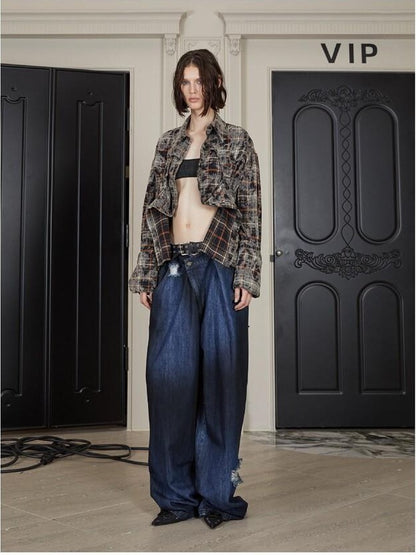 24ans Khaki Checkered Punk Loose Lapel Pocket Long Sleeve Women&