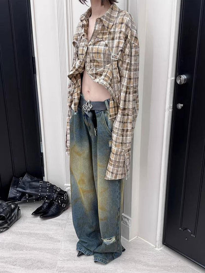 24ans Khaki Checkered Punk Loose Lapel Pocket Long Sleeve Women&