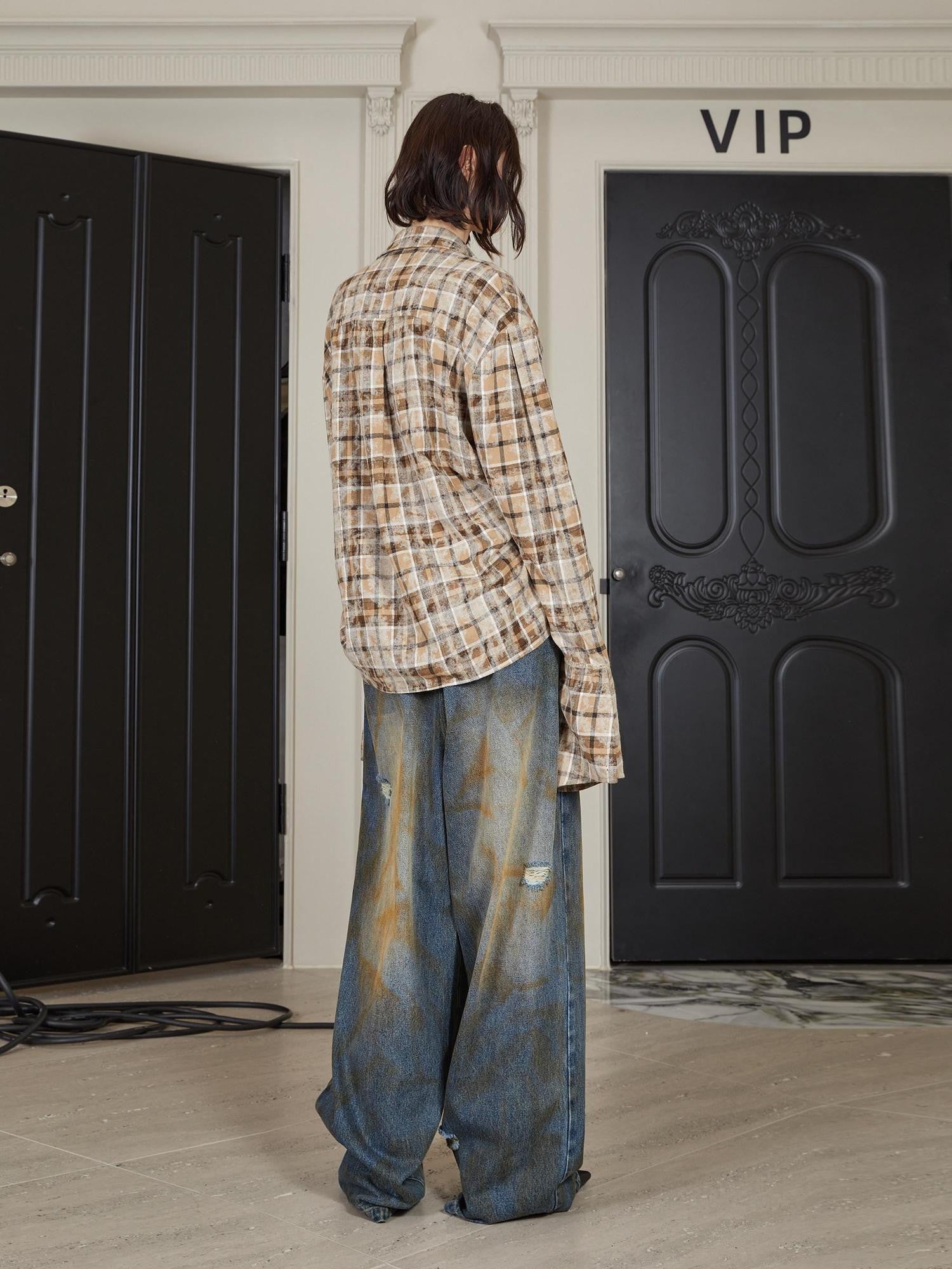 24ans Khaki Checkered Punk Loose Lapel Pocket Long Sleeve Women&