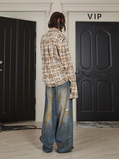 24ans Khaki Checkered Punk Loose Lapel Pocket Long Sleeve Women&