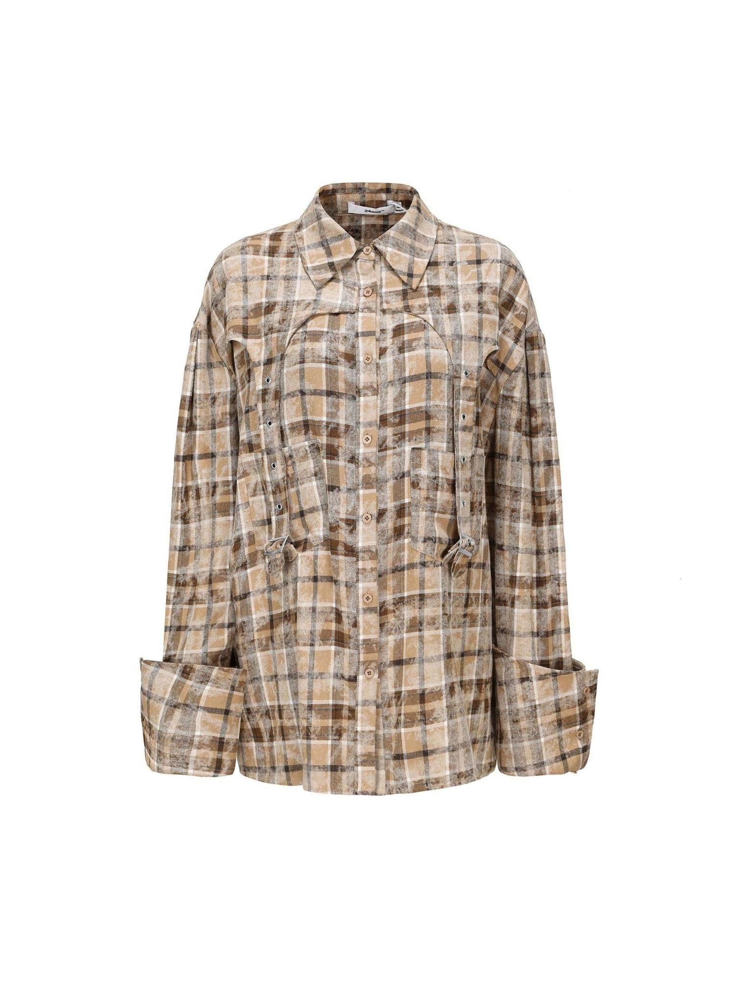 24ans Khaki Checkered Punk Loose Lapel Pocket Long Sleeve Women&