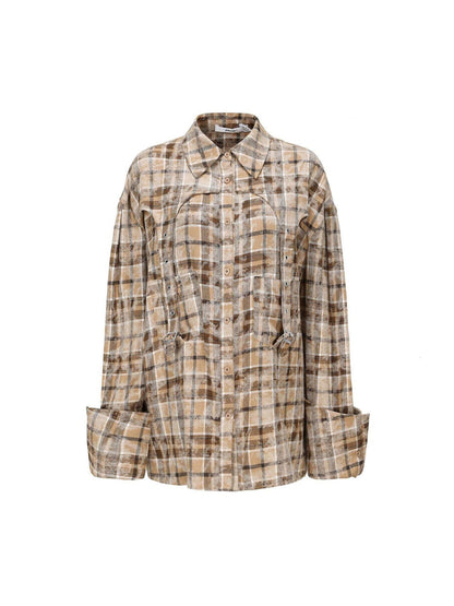 24ans Khaki Checkered Punk Loose Lapel Pocket Long Sleeve Women&