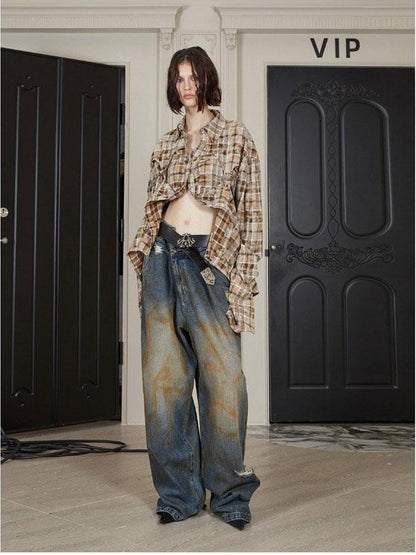 24ans Khaki Checkered Punk Loose Lapel Pocket Long Sleeve Women&