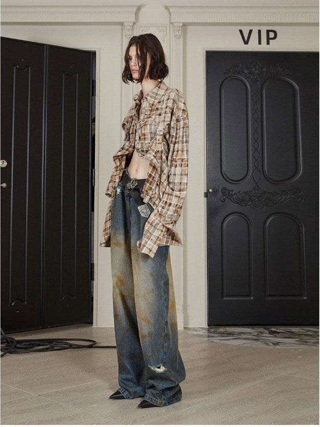 24ans Khaki Checkered Punk Loose Lapel Pocket Long Sleeve Women&