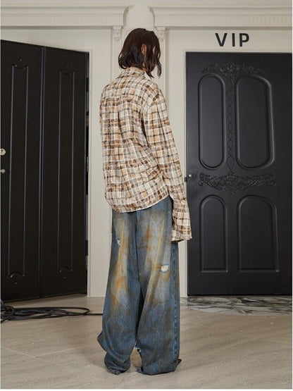 24ans Khaki Checkered Punk Loose Lapel Pocket Long Sleeve Women&