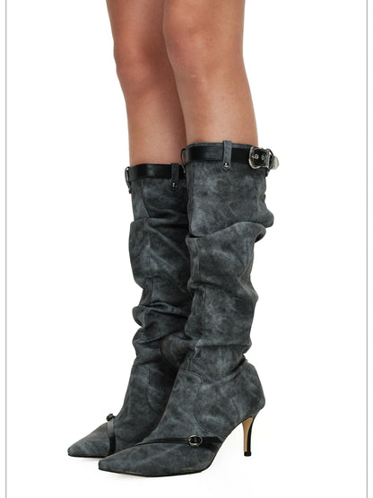24ans Knee High Punk Platform Boots In Cowboy Grey