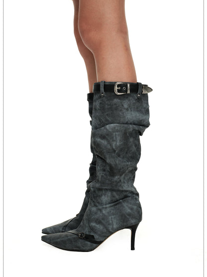 24ans Knee High Punk Platform Boots In Cowboy Grey