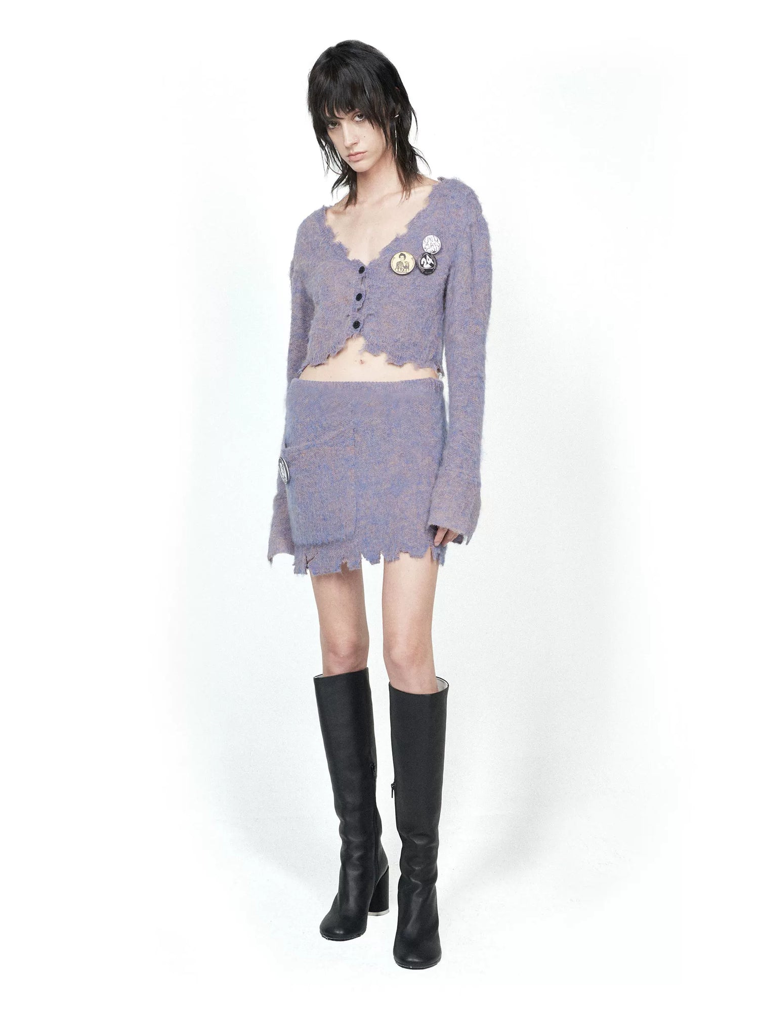 24ans Knitted Cardigan Set Two Tone V Neck T Shirt Long Sleeve-1