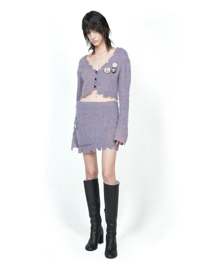 Knitted Cardigan Set Two Tone V Neck T Shirt Long Sleeve