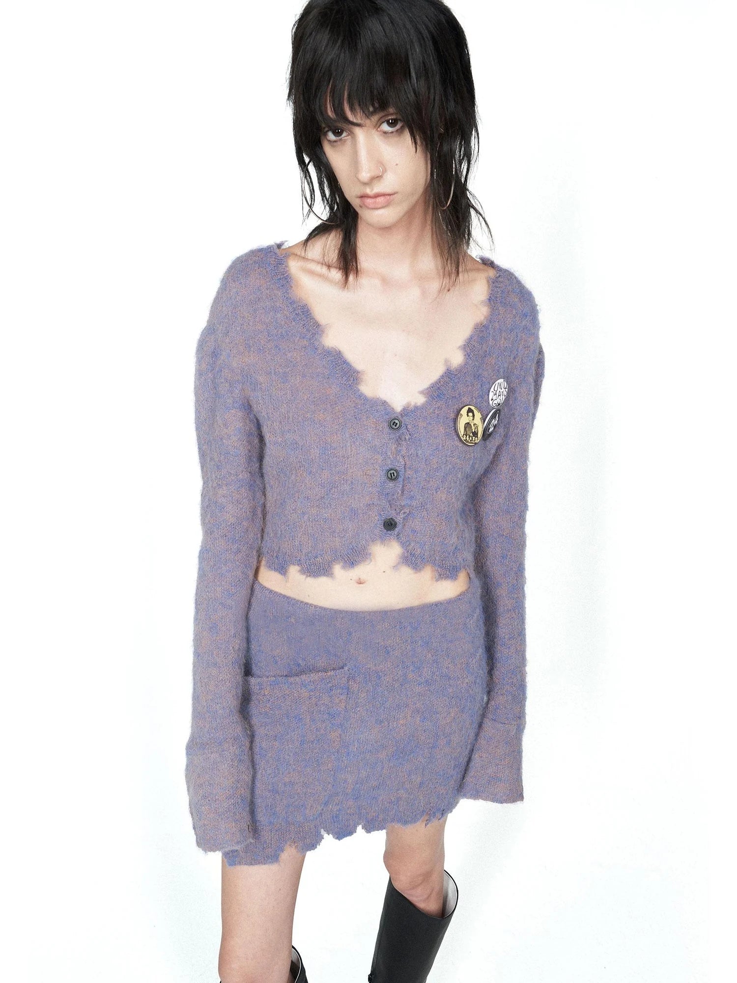 Knitted Cardigan Set Two Tone V Neck T Shirt Long Sleeve