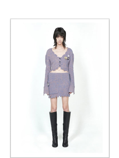 Knitted Cardigan Set Two Tone V Neck T Shirt Long Sleeve