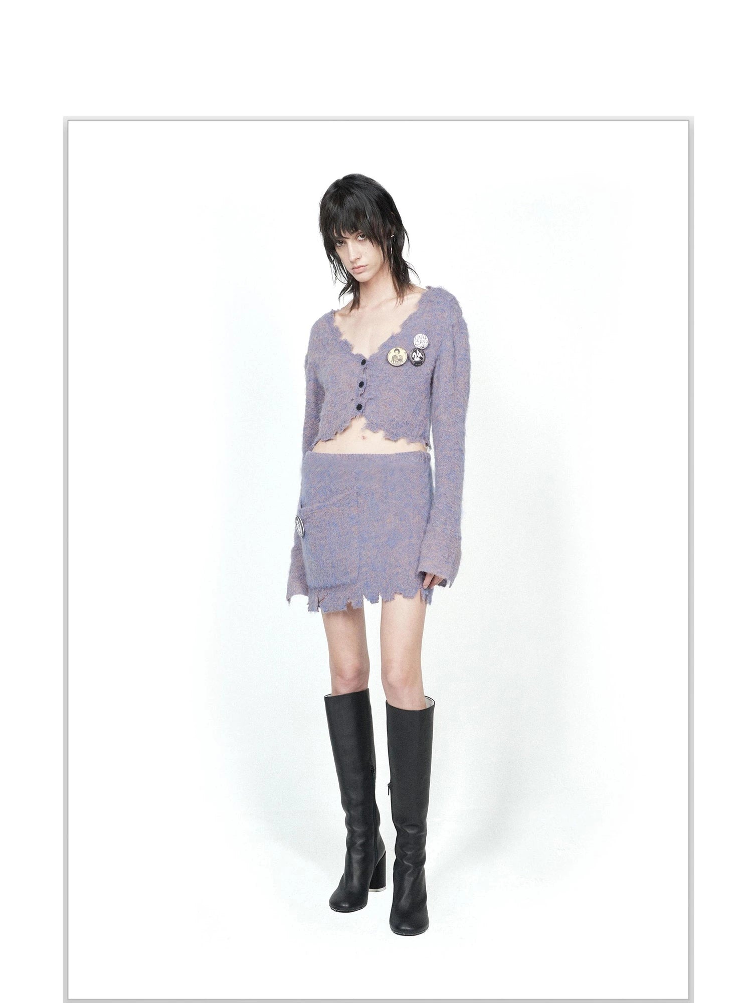 Knitted Cardigan Set Two Tone V Neck T Shirt Long Sleeve