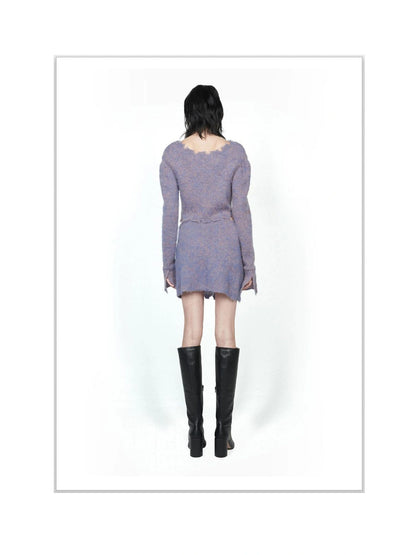 Knitted Cardigan Set Two Tone V Neck T Shirt Long Sleeve