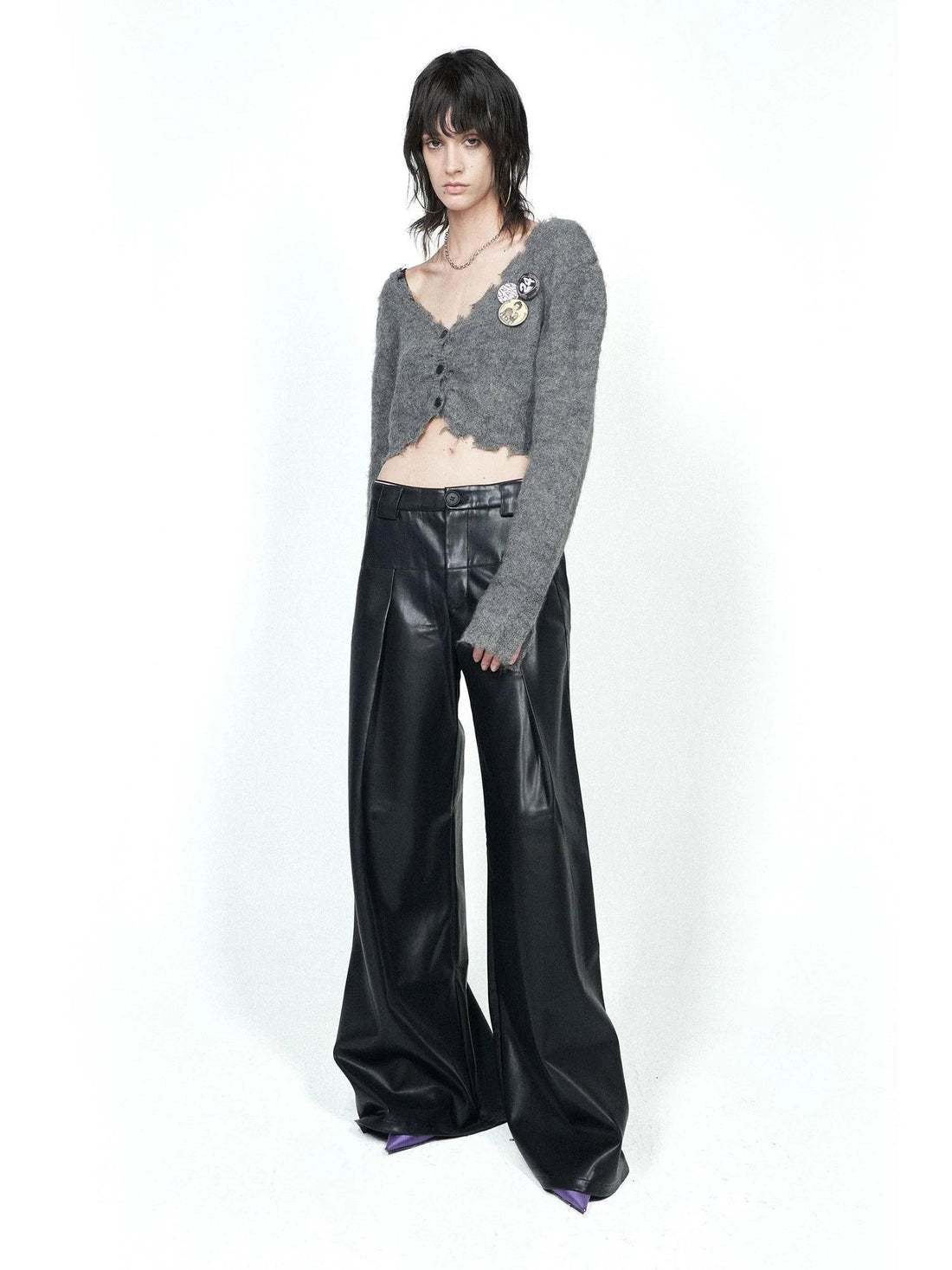 Knitted Cardigan Set Two Tone V Neck T Shirt Long Sleeve