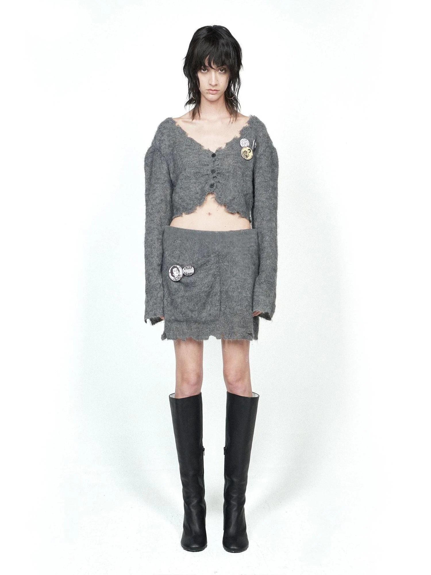 Knitted Cardigan Set Two Tone V Neck T Shirt Long Sleeve