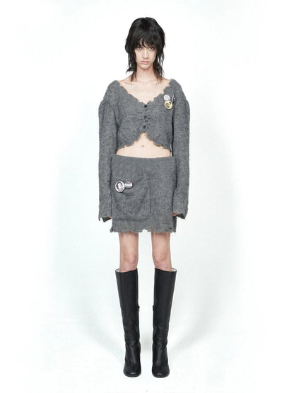 Knitted Cardigan Set Two Tone V Neck T Shirt Long Sleeve
