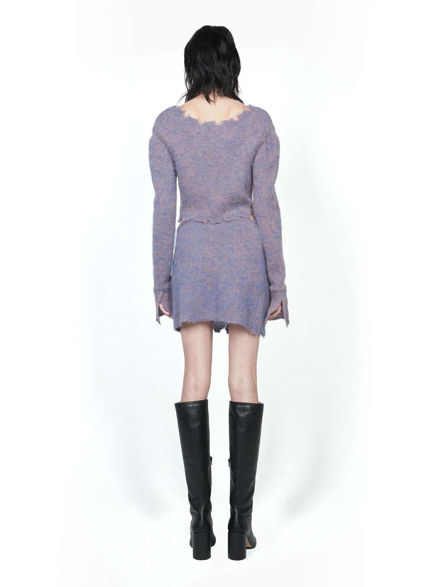 Knitted Cardigan Set Two Tone V Neck T Shirt Long Sleeve