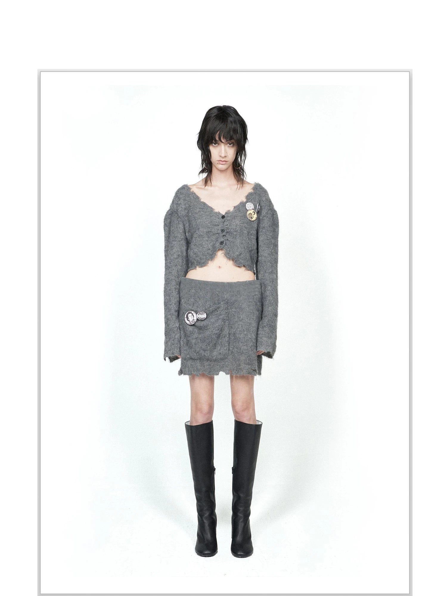 Knitted Cardigan Set Two Tone V Neck T Shirt Long Sleeve