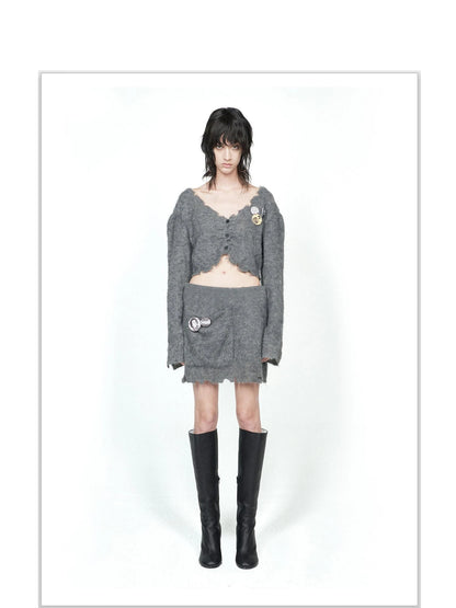 Knitted Cardigan Set Two Tone V Neck T Shirt Long Sleeve