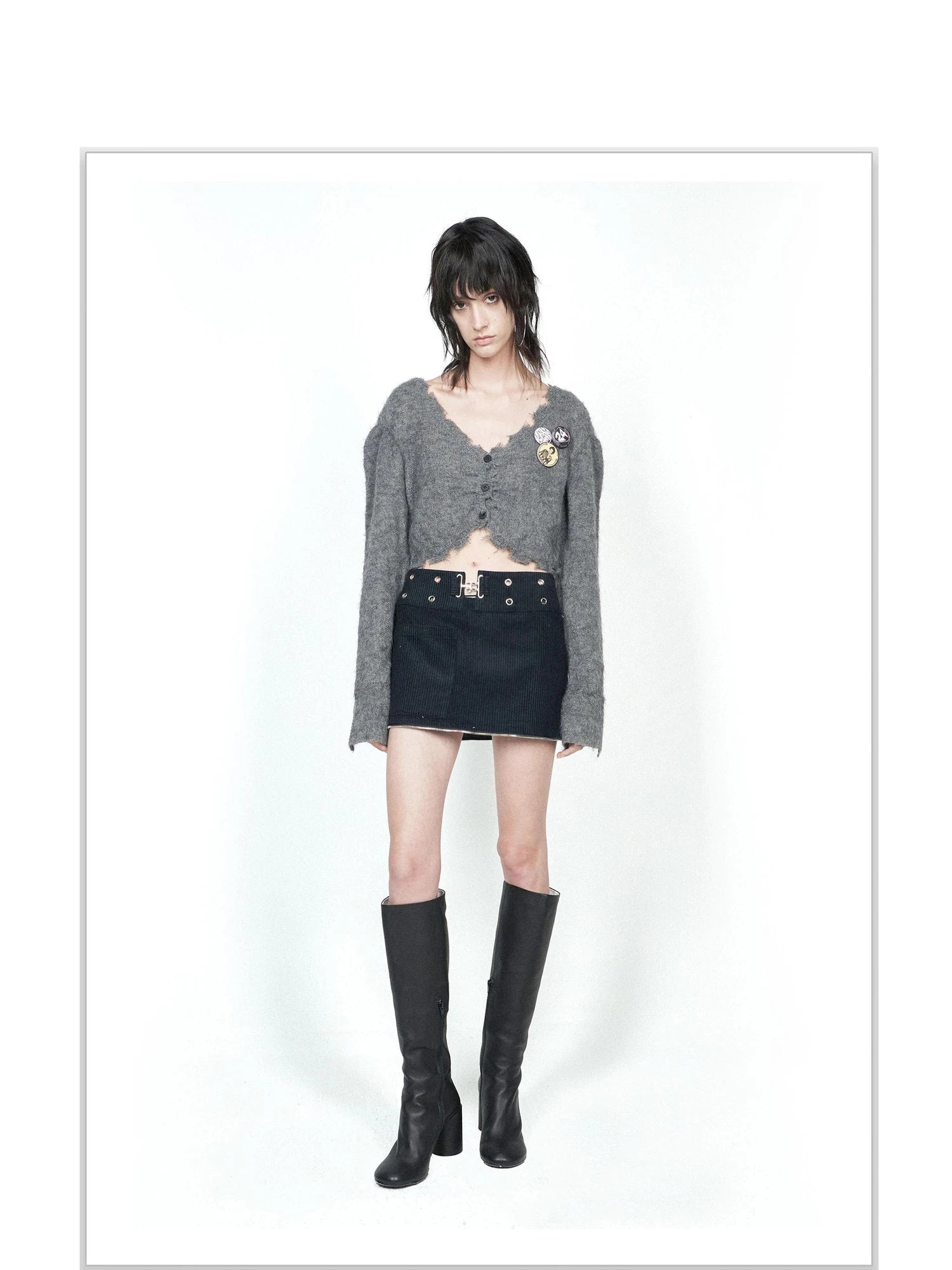 Knitted Cardigan Set Two Tone V Neck T Shirt Long Sleeve