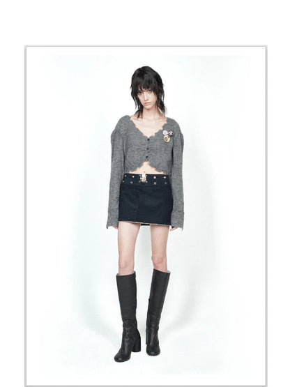 Knitted Cardigan Set Two Tone V Neck T Shirt Long Sleeve