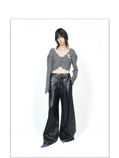 Knitted Cardigan Set Two Tone V Neck T Shirt Long Sleeve