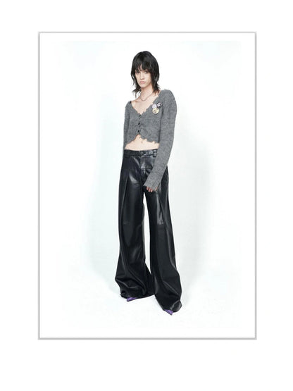 Knitted Cardigan Set Two Tone V Neck T Shirt Long Sleeve