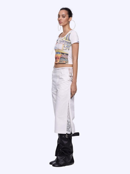 24ans Lace Patchwork Flared Denim Shorts In Black And White