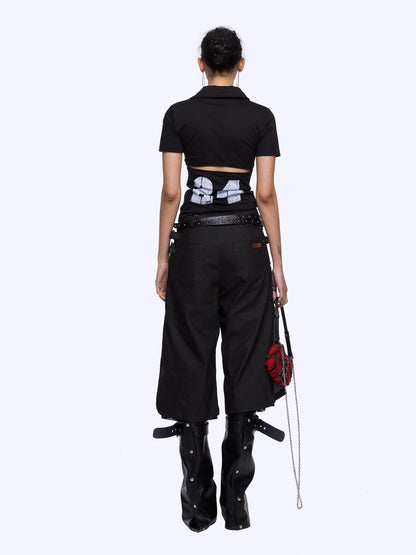 24ans Lace Patchwork Flared Denim Shorts In Black And White